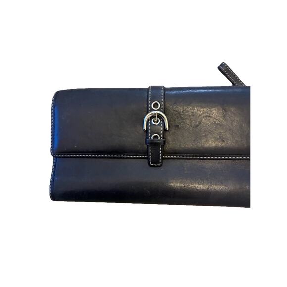 Vintage Y2K Coach Black Leather Tri-Fold Wallet Silver Buckle Monogram Logo - Picture 3 of 11